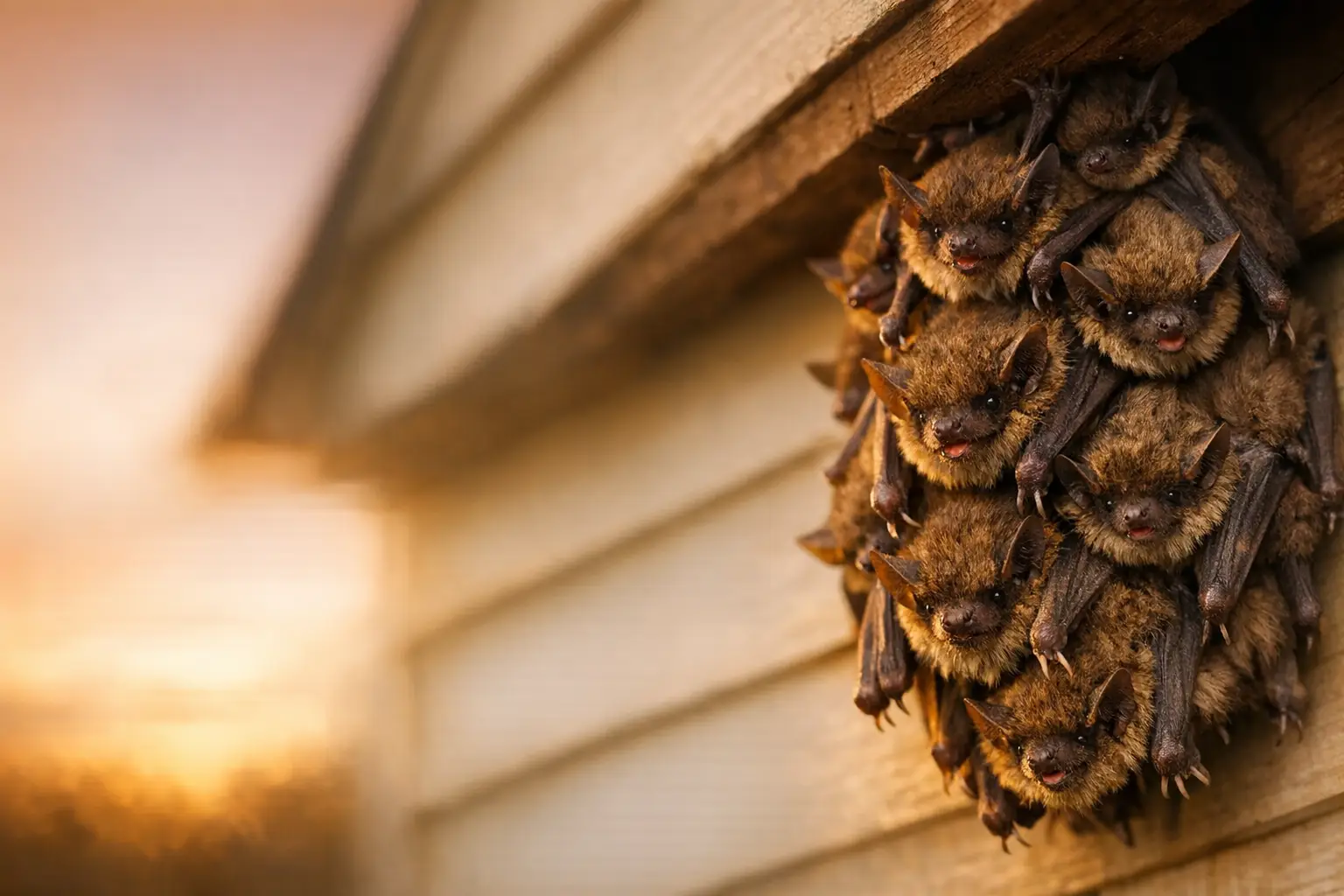 Bats clustered under the eave of a house near an attic gable vent at dusk