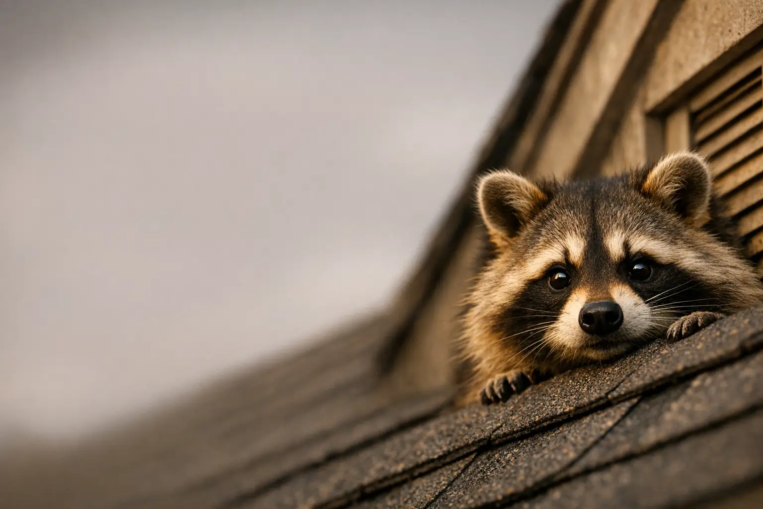 Raccoon peeking out from behind roof shingles near a home's attic vent