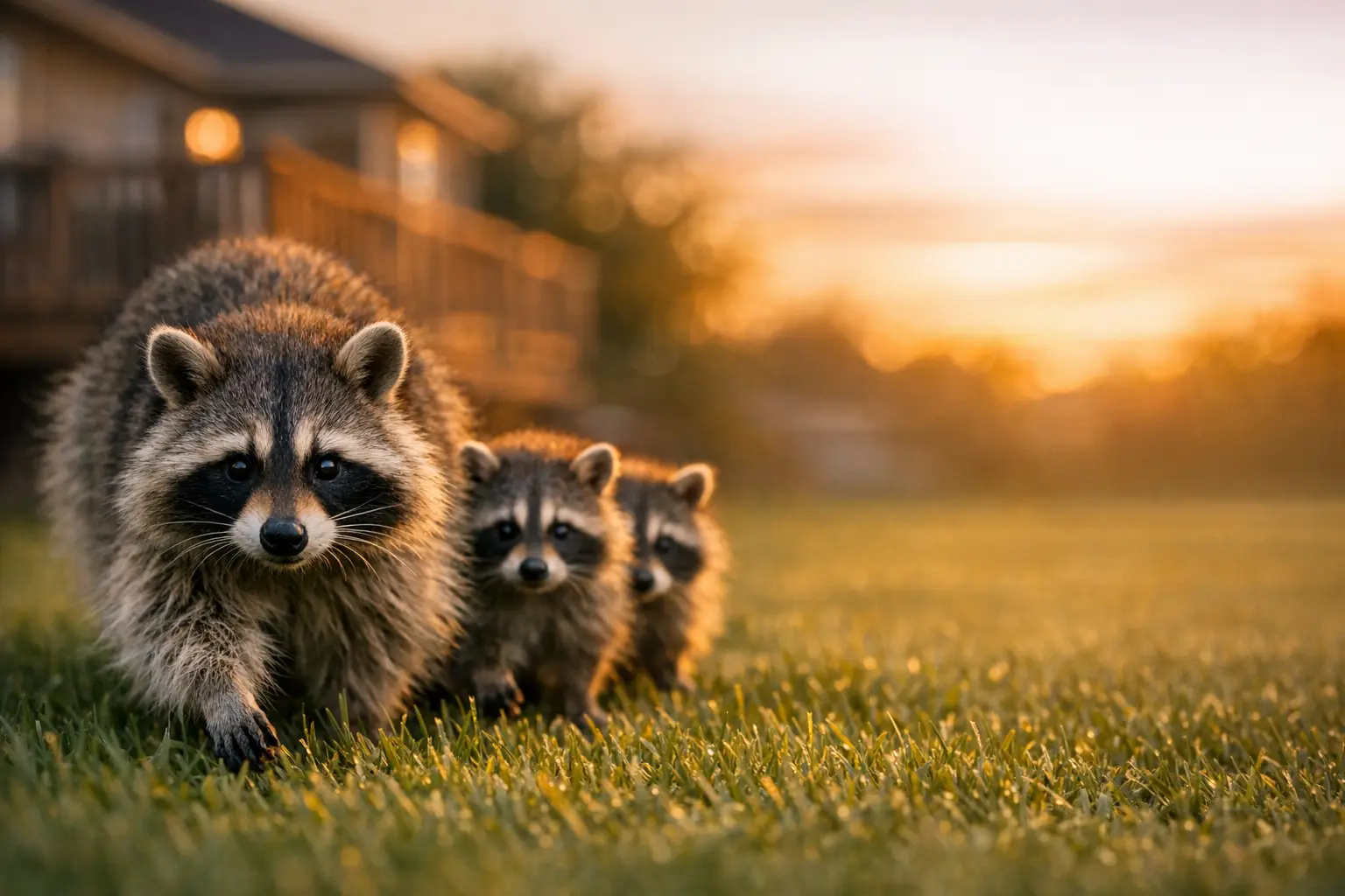 Raccoon family walking across a suburban backyard toward a house deck at dusk