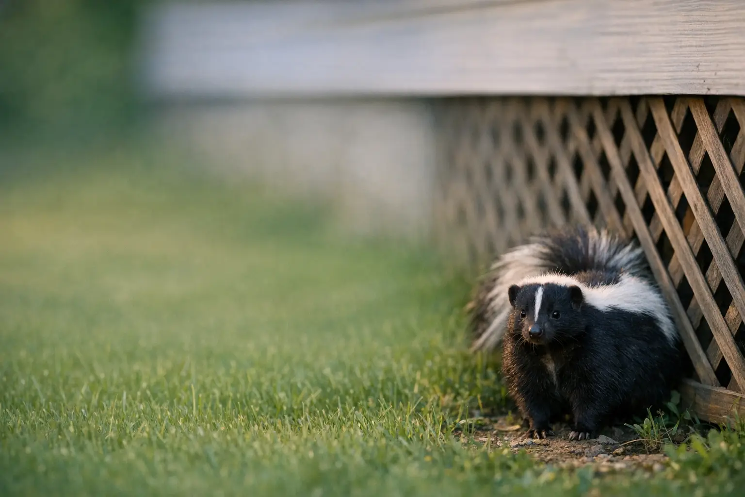 Skunk near the lattice skirting of a suburban house porch in the morning