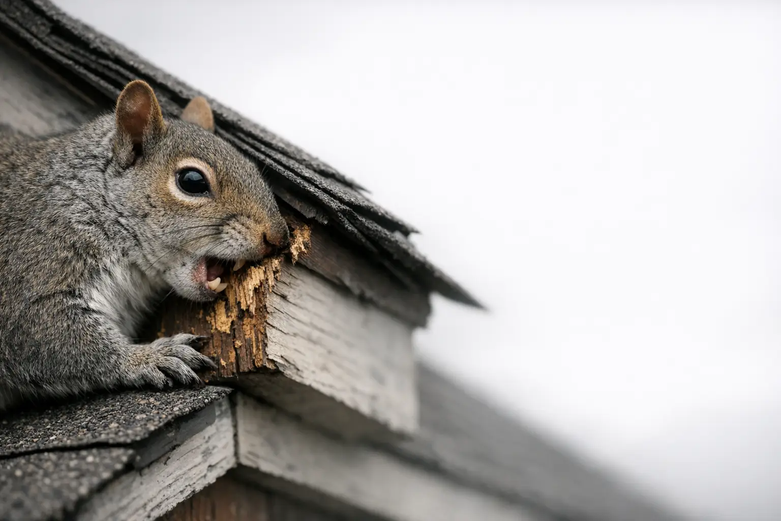 Squirrel chewing on the edge of a residential roof near the soffit